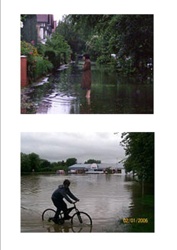 Flooded residential street with resident standing ankle deep in water, seen in York, Yorkshire and Flooded commercial properties with cyclist making their way through deep waters seen in York, Yorkshire