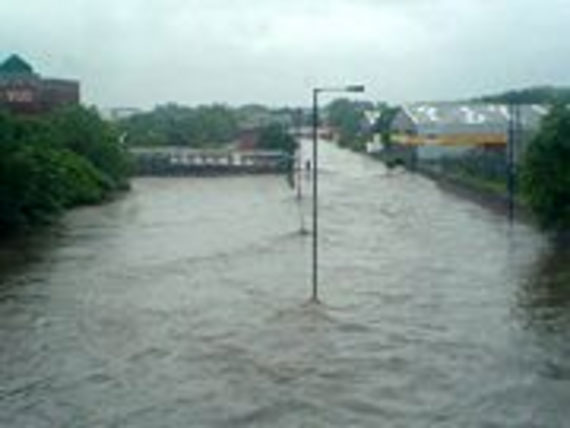 Flooded street seen in York, Yorkshire