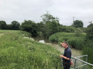 A member of the WMA team pointing at an area of floating Pennywort, a non native and invasive plant, that is found in stretches of the Cuckmere River