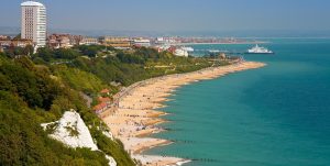 Eastbourne beach and promenade viewed from Holywell towards Wish Tower and the Pier.